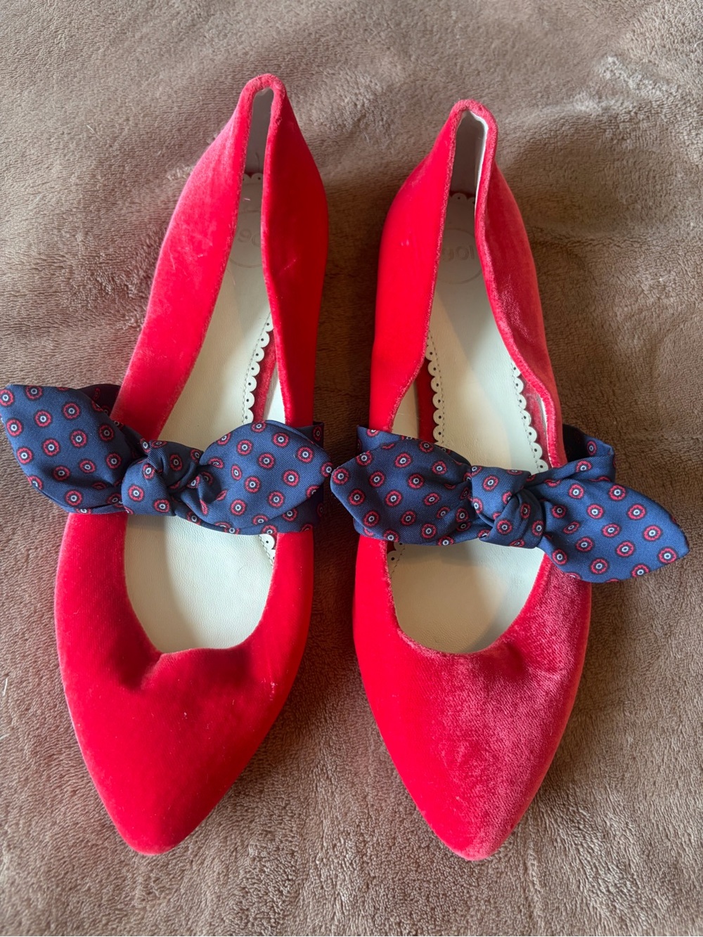 1901 Red Velvet Pointed Flats with Navy Bow